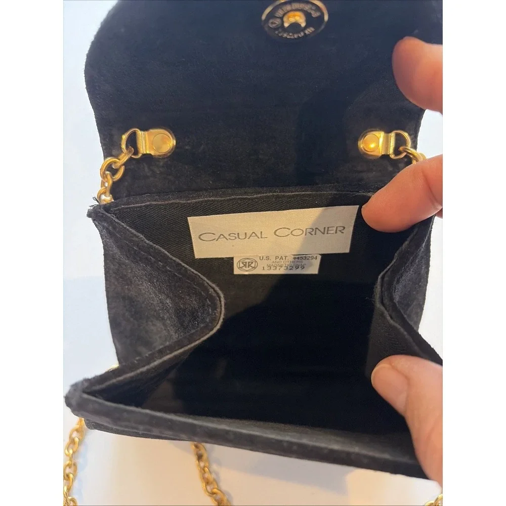 Casual Corner Black Suede Handbag Gold Medallion & Chain Essentials Elegant Bag